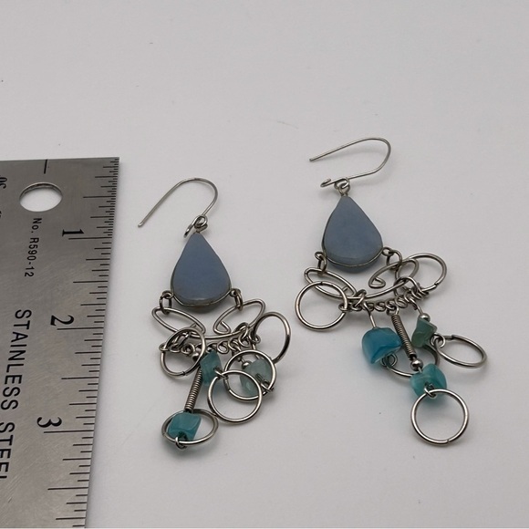 Genuine Blue Quartz Long Dangle Earrings Silver Tone Textured Hoops - Picture 3 of 4